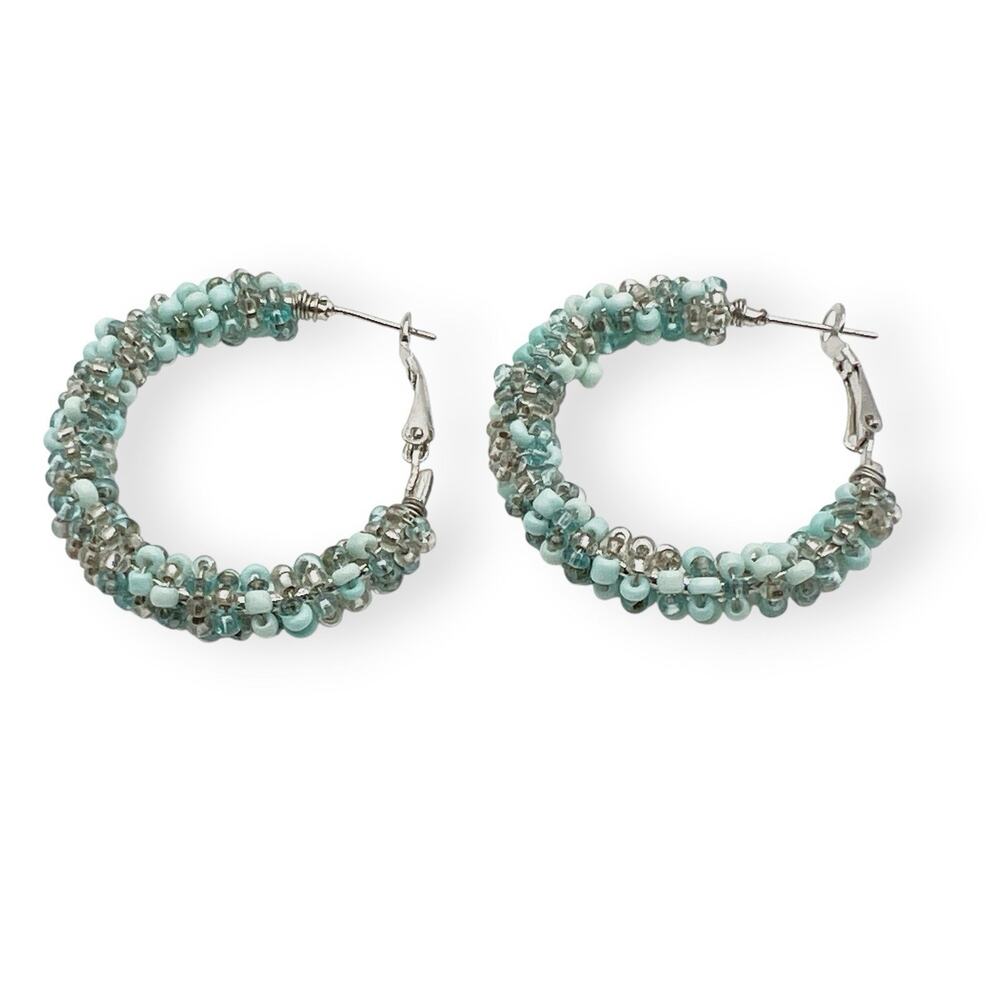 Hoop Earrings Pierced Dangle Silver Tone Blue Green Seed Beads Coastal Cowgirl